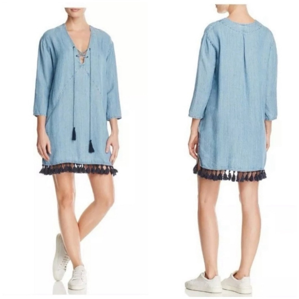Rails Women's Alicia Denim Chambray Tassel Blue Shift Dress Linen Size Small